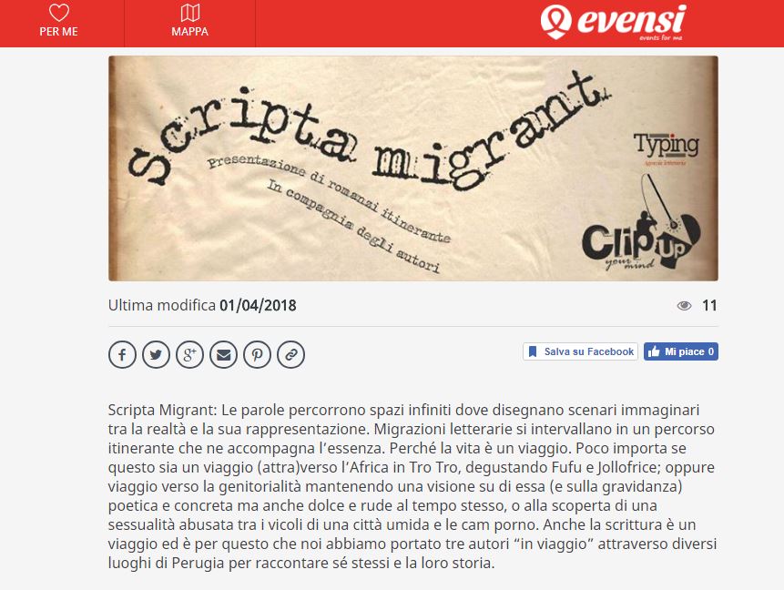 Scripta Migrant, evento organizzato da Typing in collaborazione con Clip Up Your Mind, è recensito su Evensi.it un sito che tratta di eventi in Italia